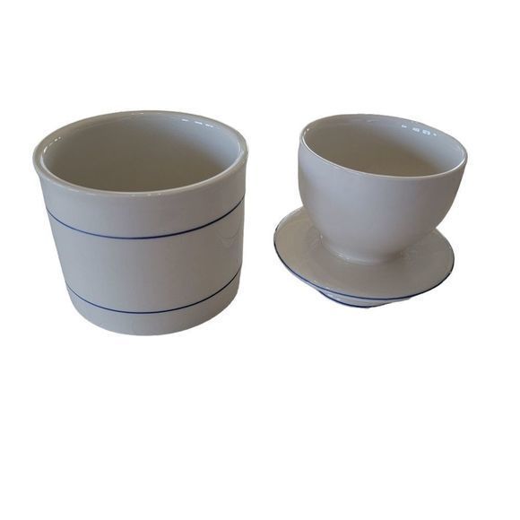 Vintage Pottery Stoneware Butter Keeper‎ Blue Trimmed Ivory NEW IN BOX - Picture 2 of 7